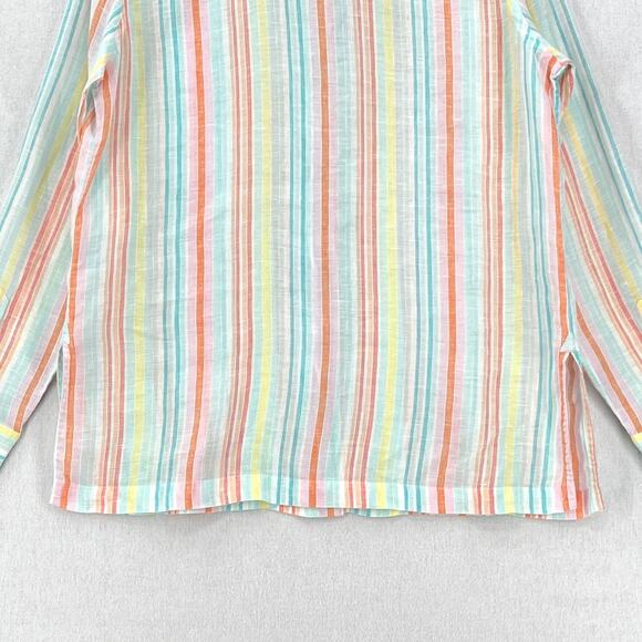 FACONNABLE Linen Button up Shirt Womens XL White Aqua Orange Striped Long Sleeve - Picture 7 of 12